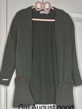 Girl August Olive Green Open-Front Cardigan with Buttoned Pockets size 8